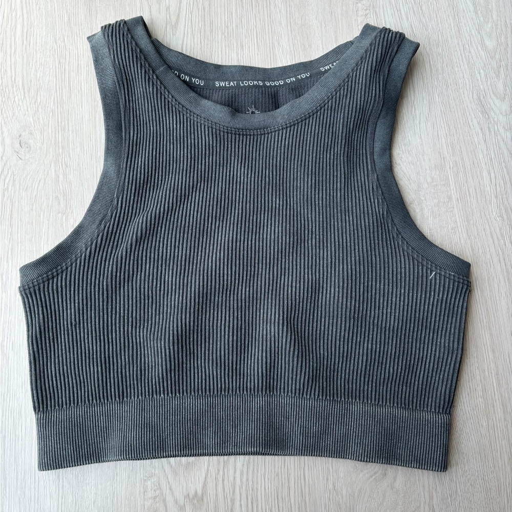 Grey Ribbed High Neck Sports Bra